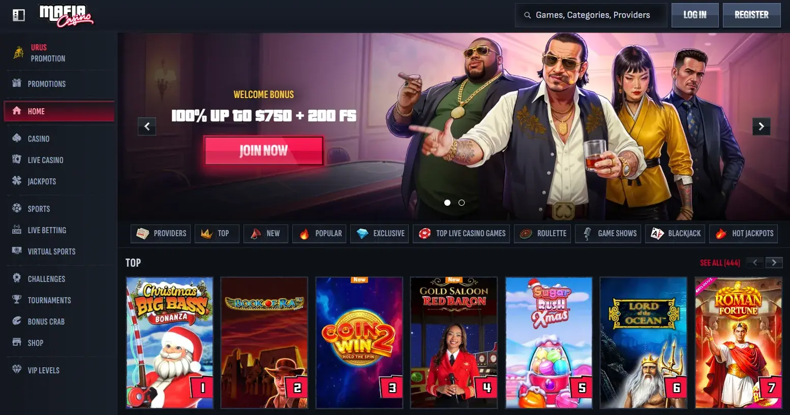 Mafia Casino homepage showing welcome bonus and top pokies selection